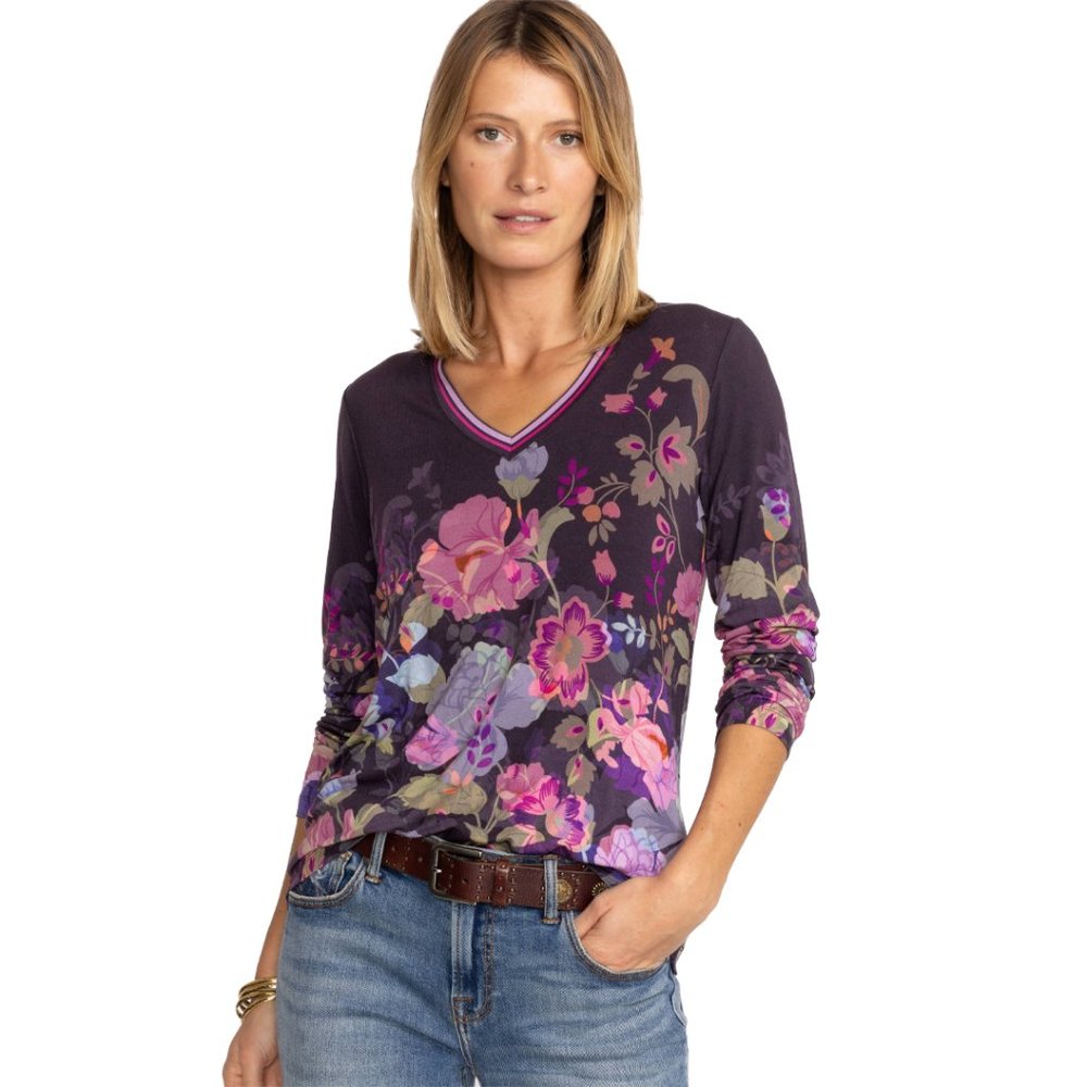 Johnny Was Janie Favorite Valeria Long Floral Special Tee Purple Top Shirt NEW